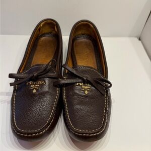 Prada Dark Brown Leather Driving Moccasins with Gold Logo